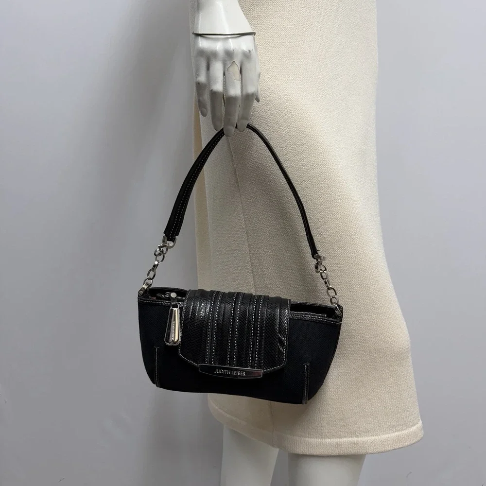 Judith Leiber Snakeskin and Fabric Purse Black Crystals Trim Mirror Change Pouch